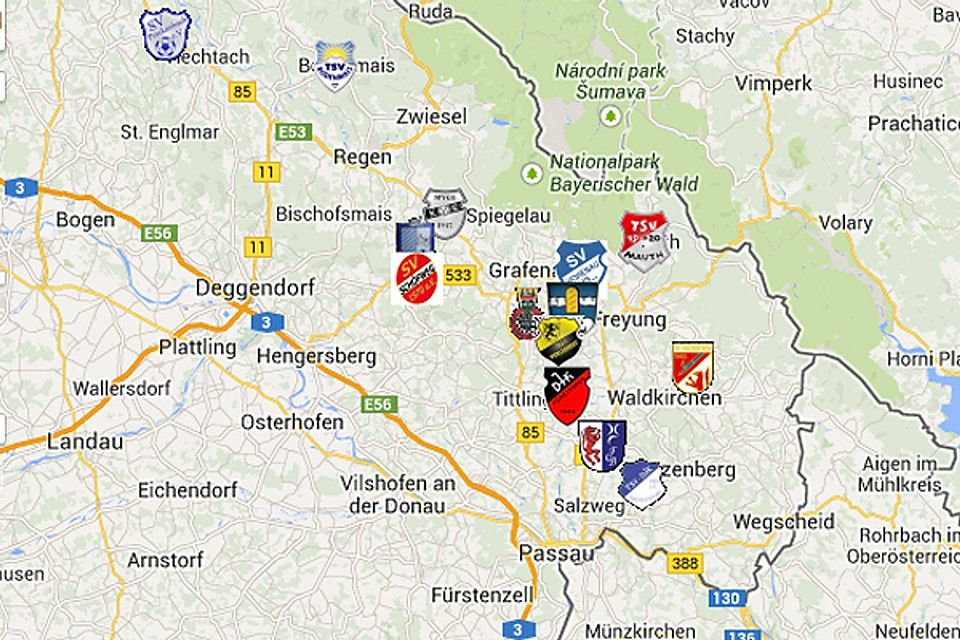 Die Landkarte der Bayerwald-Kreisligisten 2014/15.