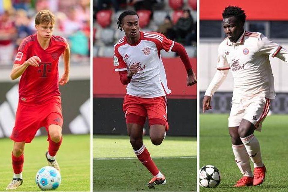 Die Bayern-Talente Jonathan Asp-Jensen (l.), Jonah Kusi-Asare und Nestory Irankunda (r.) könnten bei der SpVgg Unterhaching für mehr Torgefahr sorgen.