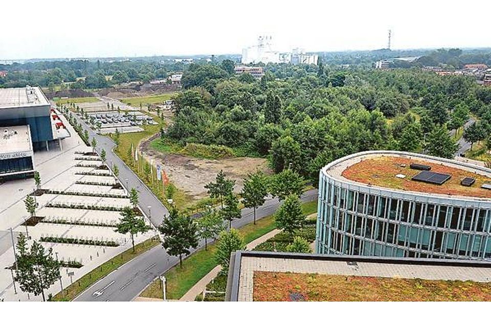 Stadion-Standort mit der größten ?Identität?: Die Grünfläche an der vorderen Maastrichter Straße zwischen EWE-Arena (links), LzO (vorne) und BBS-Neubau (verdeckt). Raphael Krämer