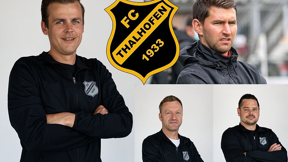 Florian Niemeyer (links) und Tobias Hänsle (rechts oben) heißen die Thalhofer Trainer für die Saison 2024/25. Auch Co-Trainer Andreas Szymyslik (unten Mitte) und Torwartcoach Markus Waldvogel bleiben den Ostallgäuern erhalten.