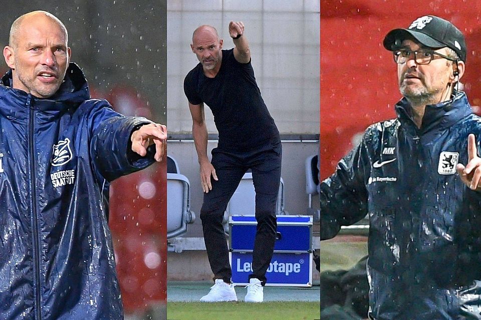 Die Trainer Arie van Lent, (SpVgg Unterhaching, li.) Alexander Schmidt (Türkgücü München) und Michael Köllner (TSV 1860, re.)