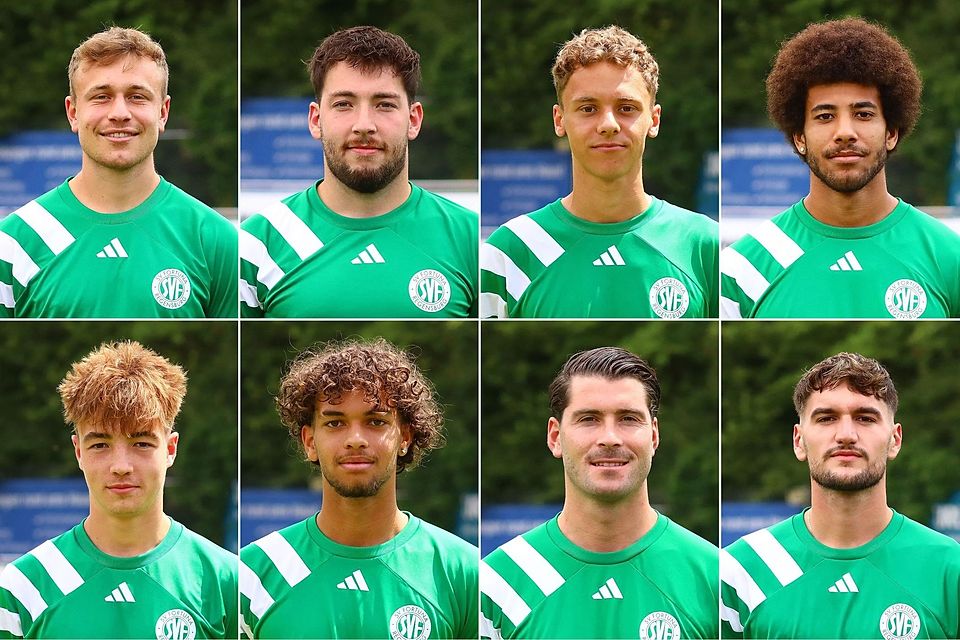 Laufen auch nächste Saison für Fortuna Regensburg auf: obere Reihe von links: Julian Ziegler, Lucas Schmitt, Maximilian Berg und Marcel Onwudiwe sowie untere Reihe von links: Artur Kamscha, Frederic Heelein, Lucas Altenstrasser und Andrea Nocerino. – Fotos und Montage: Florian Würthele