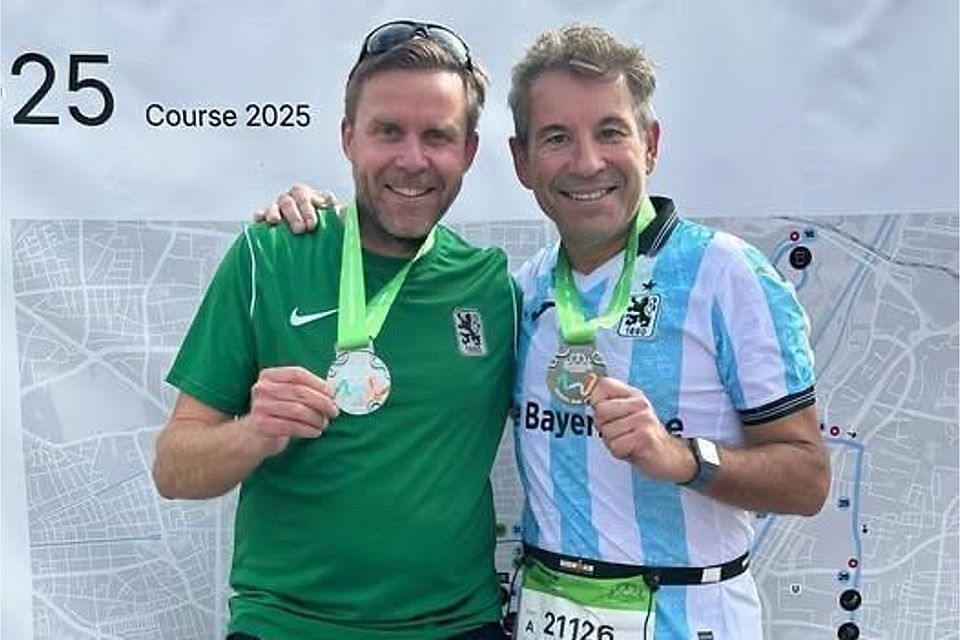 Löwen-Präsident Gernot Mang mit Vize Christian Dierl nach dem München Marathon