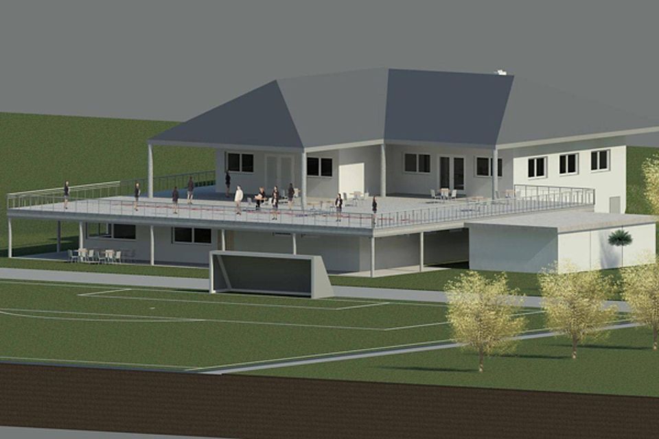 So soll der Anbau ans FFC-Vereinsheim samt großer Terrasse einmal aussehen. | Visualisierung: Planungsteam Leon Lais und Nikita Eser