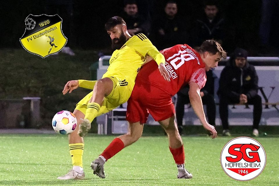 Die Hüffelsheimer um Tim Reidenbach (rotes Trikot) stellten sich gehörig dem Favoriten aus Dudenhofen (mit Tolga Barin) in den Weg. Am Ende reichte es allerdings nicht.