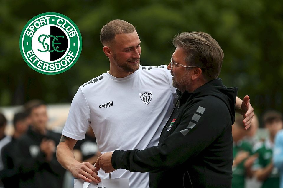 Abschied aus Schweinfurt mit dem Aufstieg: Tom Feulner (Mitte) wird von Schnüdel-Boss Markus Wolf im Mai 2025 geherzt.