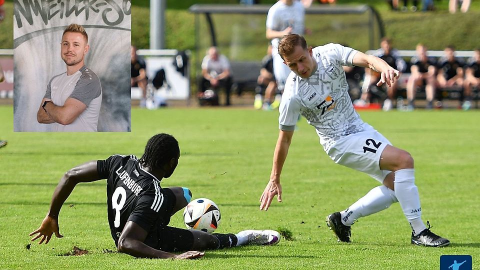Julian Sutter, der Trainer des FC Wolfenweiler-Schallstadt (eingeklinkt), erwartet erneut eine anspruchsvolle Partie in Laufenburg, wie im Mai. Der Laufenburger Paul Mendy (mittlerweile in Dogern) verteidigt in dieser Szene den Ball gegen Daniel Doroschenko (rechts).