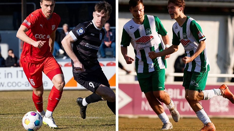Während der SV Erlbach (links, in rot) den FC Memmingen zum absoluten Topspiel lädt, kann der SV Schalding-Heining (rechts) bei einem Auswärtssieg in Grünwald die Tabellenführung der Bayernliga Süd übernehmen.