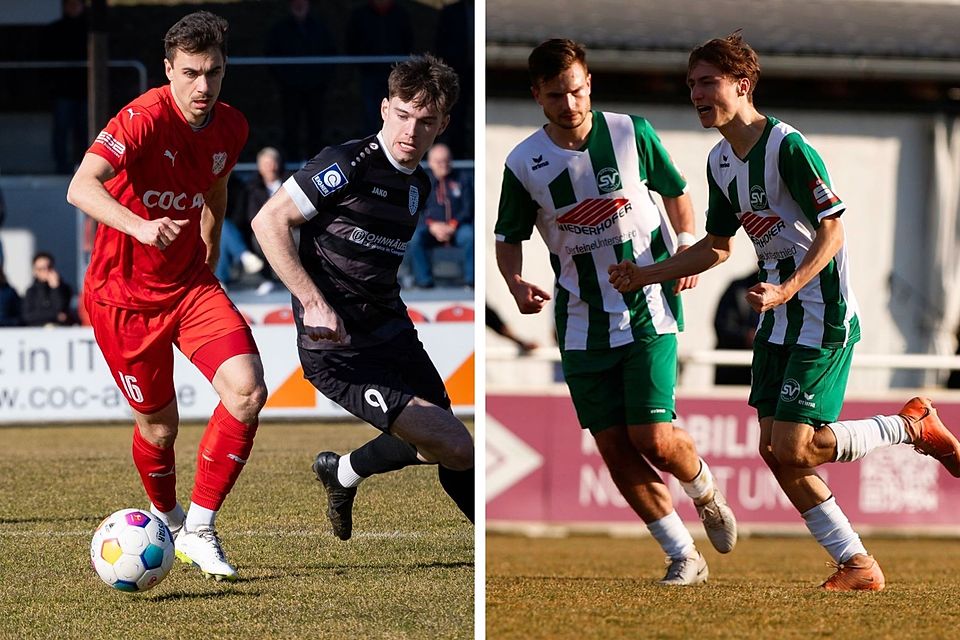 Während der SV Erlbach (links, in rot) den FC Memmingen zum absoluten Topspiel lädt, kann der SV Schalding-Heining (rechts) bei einem Auswärtssieg in Grünwald die Tabellenführung der Bayernliga Süd übernehmen.