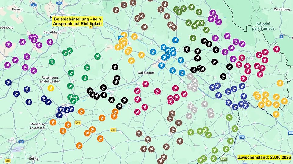 So sieht der aktuelle Planungsstand aus. Wie gesagt: das ist noch nicht die offizielle Einteilung. Der blaue Pin im Straubinger Stadtgebiet ist der SV Sossau, der aber nur in der A-Straubing Reserverunde spielt. 