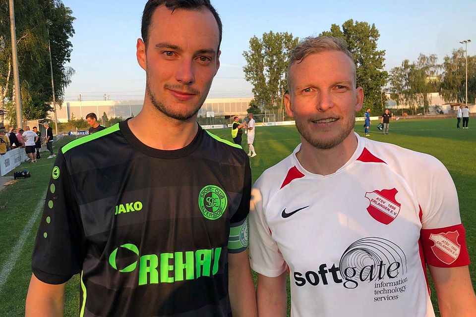 Zufriedene Gesichter nach Spielende auf beiden Seiten: Sowohl Eltersdorf mit Kapitän Sebastian Schäferlein (links) als auch der ATSV mit Spielführer Stefan Krämer können mit dem Remis leben.