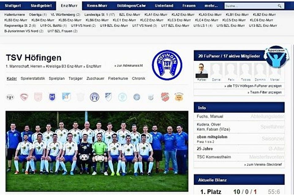 So präsentiert sich der TSV Höfingen auf dem Fußballportal FuPa, mit Mannschaftsbild und 20 aktiven ?FuPanern?.