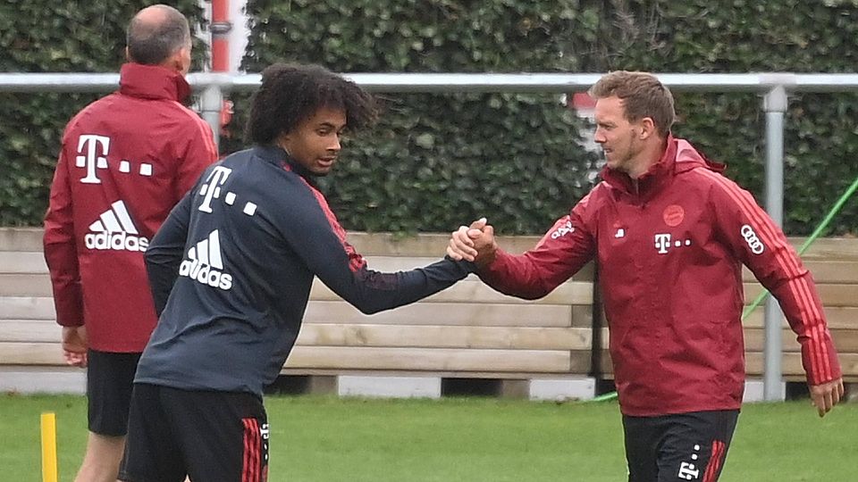 Abklatschen vor dem Testspiel: Bayern-Coach Julian Nagelsmann mit dem 20-jährigen Joshua Zirkzee