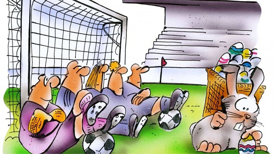 Viele Fußballer lassen an Ostern die Pille liegen, um sich intensiv den bunten Eiern zu widmen.	Karikatur: Heinrich Schwarze-Blanke