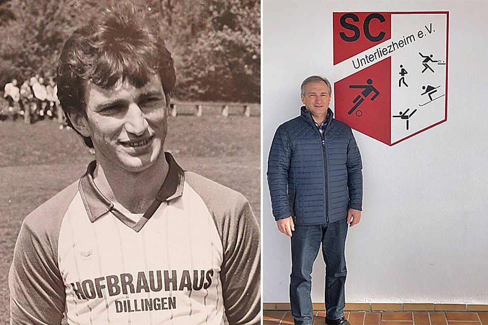 Peter Schneller Mitte der 80er-Jahre im Trikot des SC Unterliezheim (links) und aktuell vor dem Sportheim des SC Unterliezheim.