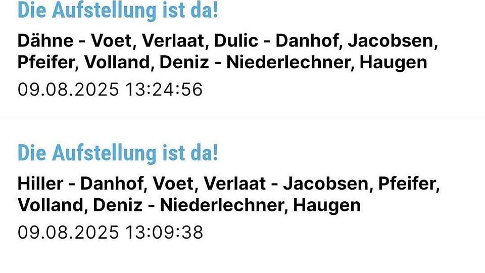 16 Minuten nach dem Aufstellungs-Fauxpas die Erlösung: In der 1860-App wird die korrekte Aufstellung publiziert. Mit Dähne im Tor und Dulic auf dem Feld.