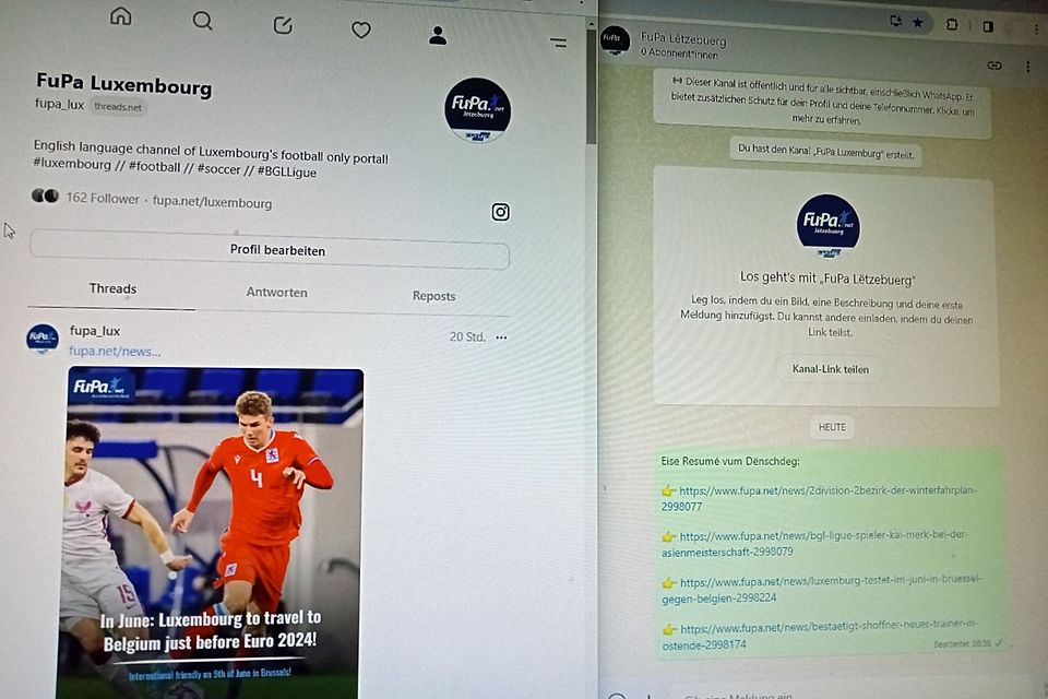 Threads (l.) und der WhatsApp-Kanal (r.) von FuPa Luxemburg