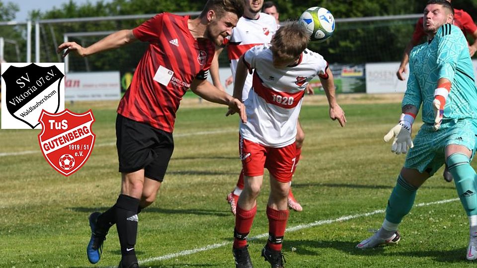 Ein Kopf-an-Kopf-Rennen war die Relegation zur A-Klasse zwischen der SG Waldlaubersheim/Gutenberg (rote Trikots) und dem VfL Sponheim (hier mit Keeper Romano Tullius, rechts).	Foto: Sebastian Bohr