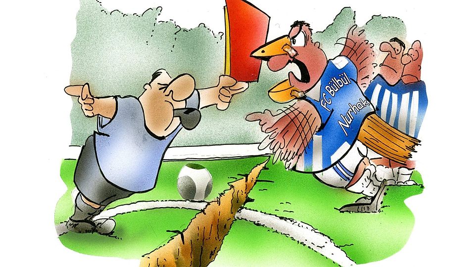 Kein Pardon: Der Schiedsrichter zückt gegen Vereinschef Bülbül (zu Deutsch: Nachtigall) Gelb-Rot..  Karikatur: Heinrich Schwarze-Blanke