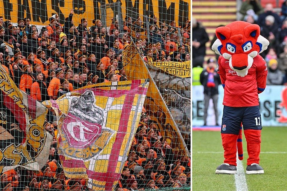 Links die Fans von Dynamo Dresden während des Spiels. Rechts gedenkt Unterhaching-Maskottchen Fonsi den Opfern von Magdeburg.
