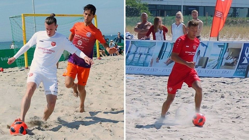 Manuel Kraus (li. weiß) und Tim Vetter (r.) wurden von Nationaltrainer Matteo Marucci zu einem Lehrgang der deutschen Beachsoccer-Nationalmannschaft nominiert. Foto: Beach Boyz