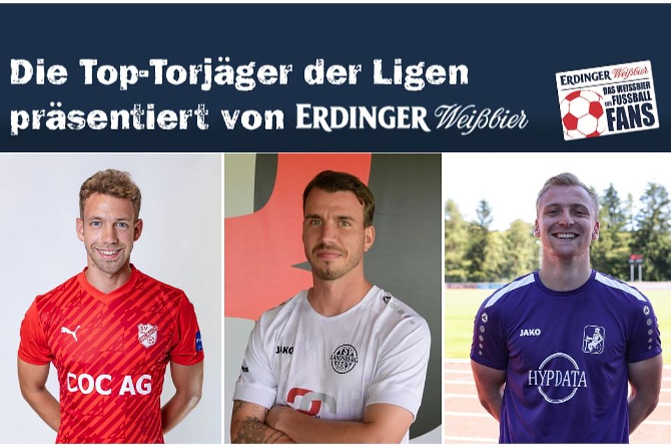 Die Führenden der Torschützenliste der Bayernliga Süd: Nico Karger (mi.) gefolgt von Jonas Greppmeir (re.) und Leonhard Thiel (li.).