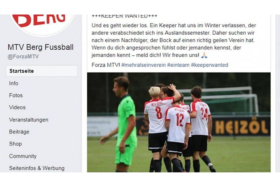 Spielersuche in sozialen Medien: Der MTV Berg fahndet auf Facebook nach einem Torhüter.  Screenshot: Facebook/MTV Berg