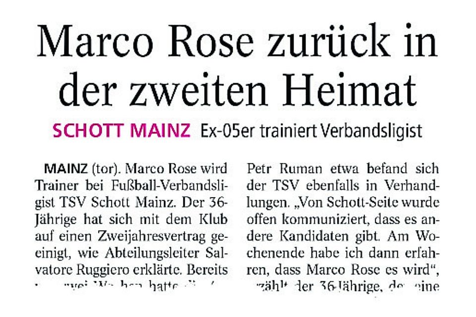 Hier wurde in der AZ noch darüber berichtet, dass Marco Rose den TSV Schott übernimmt.