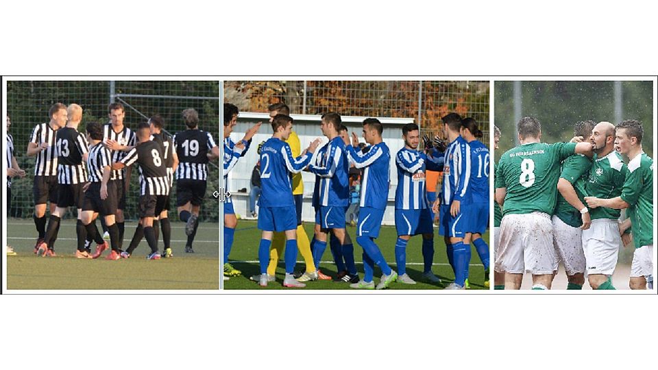 Die Hoffnung aller Kellerkinder: Halten die Gruppenligisten Weilbach, Eschborn II und Wildsachsen (von links nach rechts) die Klasse, wäre die Anzahl an Direktabsteigern wohl minimal. Fotos: Lorenz/Schulz.