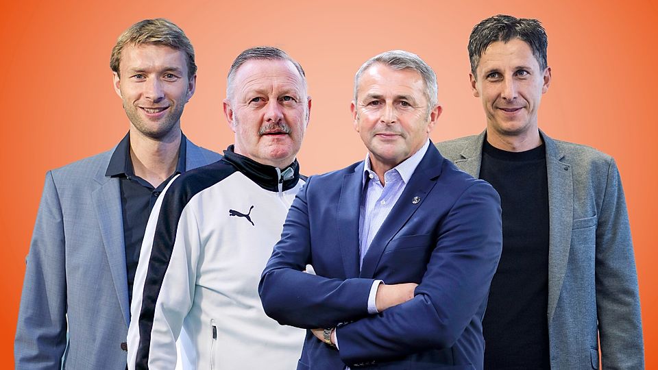 Simon Rolfes (von links), Roland Virkus, Klaus Allofs und Christian Keller stellen sich dem Rheinischen Bundesliga-Gipfel der RP.