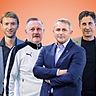 Simon Rolfes (von links), Roland Virkus, Klaus Allofs und Christian Keller stellen sich dem Rheinischen Bundesliga-Gipfel der RP.