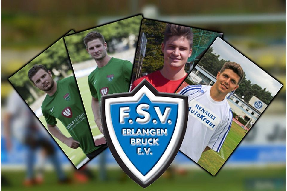 Tom Jäckel, Bastian Lunz (beide Schweinfurt), Dustin Lunz (Bad Windsheim) und Philipp Viereckl (TV 48 Erlangen) verstärken den FSV Bruck zur neuen Saison. Grafik: FuPa