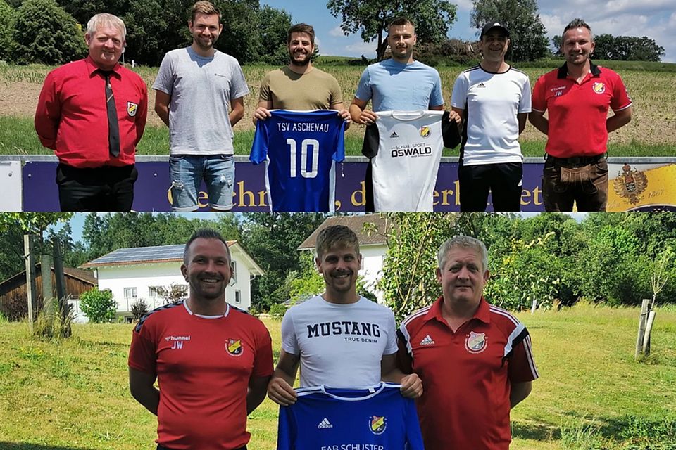 Bild oben: Vorstand Thomas Gäch (von links), Markus Kölbl, Nico Reumann, Leon Haslbeck, Trainer Markus Knogl, sportlicher Leiter Josef Wagner. Bild unten: Vorstand Thomas Gäch, Neuzugang Martin Six (Mitte) und Sportlicher Leiter Josef Wagner.