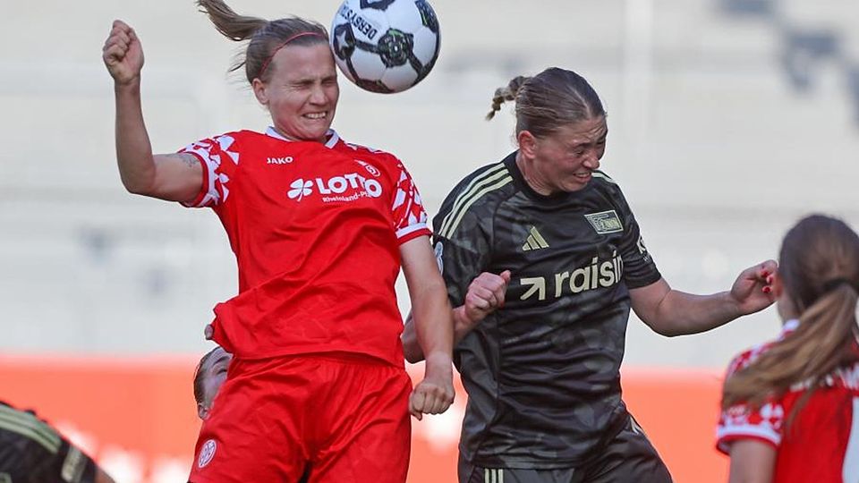 Treffer per Kopfball gegen Mönchengladbach: 05-Ass Nadine Anstatt (links), hier gegen Samantha Steuerwal (Union Berlin). 	Archivfoto: René Vigneron/VRM