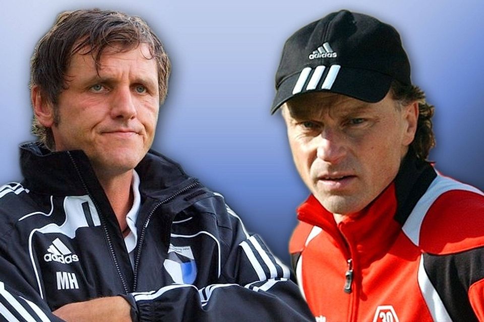 Das Stadtderby elektrisiert auch die beiden Trainer Michael Hutzler (Jahn - v.li.) und Rainer Gerlitz (SVB). Montage: FuPa