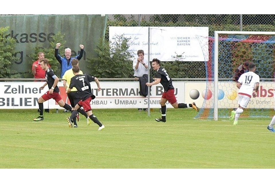 Der ist drin! Die TSV-Spieler (dunkle Trikots, v. l.) Kapitän Andreas Hartl, Marco Zöller und Michael Friemer bejubeln zusammen mit TSV-Präsident Bernd Schmidbauer (hinten, mit blauer Jacke) Hartls Elfmeter-Tor.  Foto: Weingartner