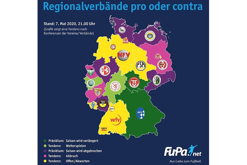 Die Grafik zeigt den Stand vom 7. Mai um 21 Uhr und bezieht sich auf den Männerspielbetrieb der einzelnen Regionalverbände. Die Grafik zeigt den Stand vom 7. Mai um 21 Uhr und bezieht sich auf den Männerspielbetrieb der einzelnen Regionalverbände.