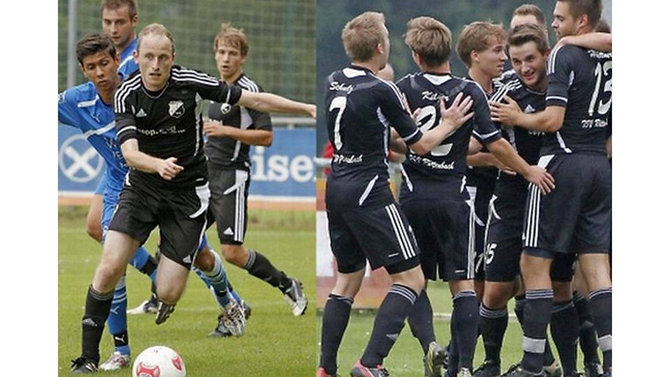 Zwei Tore von Roland Bauer (linkes Bild/gegen Marcel Kreuzer) waren die halbe Miete für den Röttenbacher Sieg. Seine Teamkameraden jubelten nach seinem 1:0 überschwänglich, denn man hatte schon Respekt vor dem starken Aufsteiger. Dessen Fans waren auf den Hinweg vom SpVgg- zum TSV-Platz noch zuversichtlich, mussten aber erkennen, dass in der Kreisliga die Trauben höher hängen. F: Pfrogner