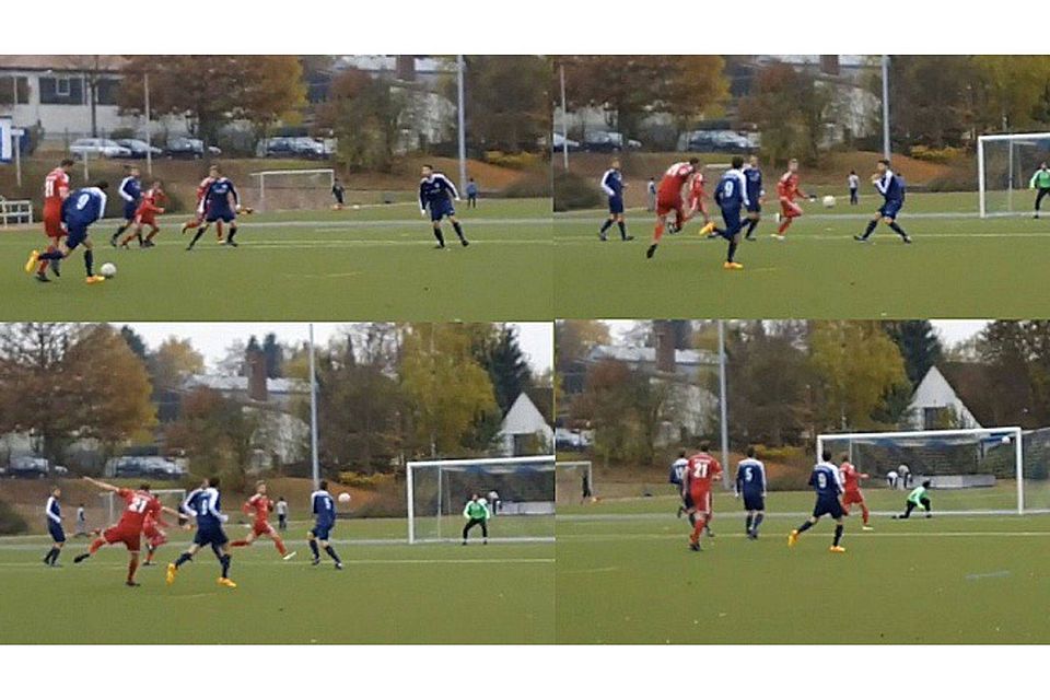 Das Traumtor im Bild: Pitas lässt seinen Gegenspieler stehen (Bild 1), setzt zum Schuss an und trifft den Ball perfekt (Bild 2+3), der schnurrstraks in den rechten Winkel fliegt (Bild 4). Foto: FuPa.TV