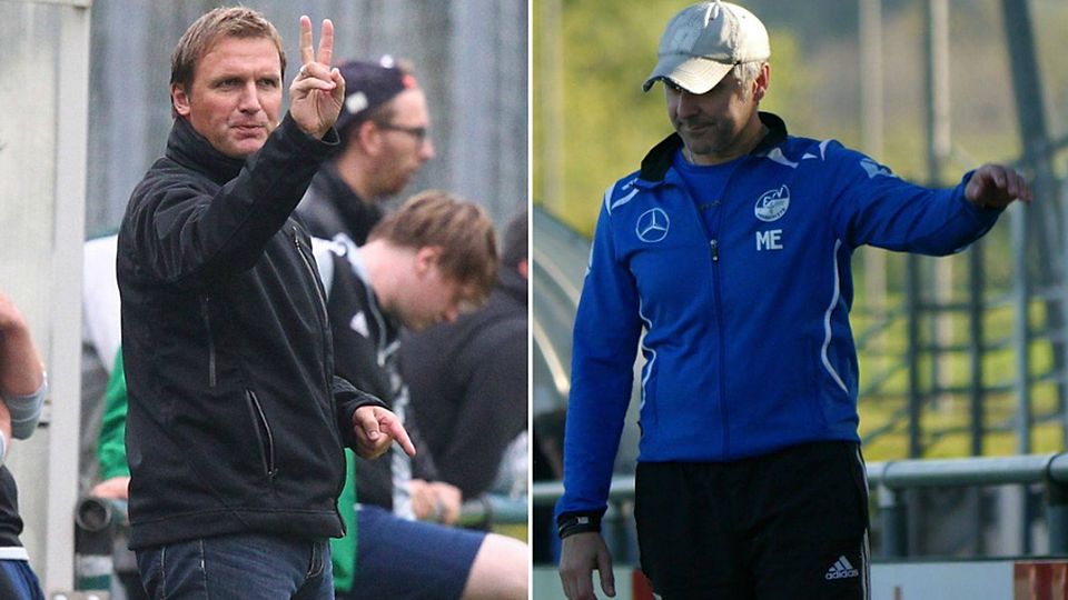 Pöllings Coach Markus Rüger (links) und ESV-Trainer Michael Endres (rechts). F: Zink / Walter