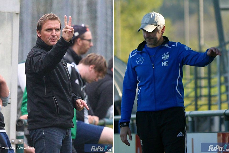 Pöllings Coach Markus Rüger (links) und ESV-Trainer Michael Endres (rechts). F: Zink / Walter