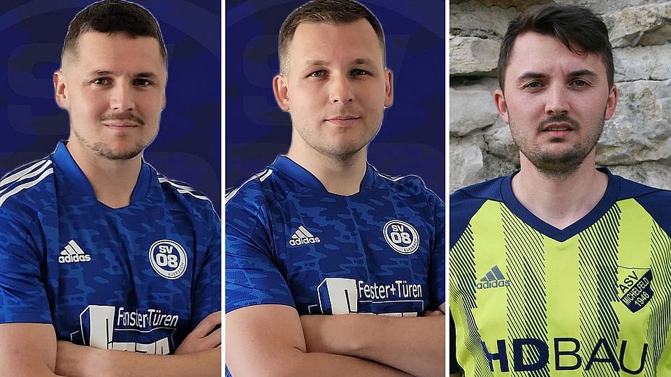 Marcel Seitz (links) und Patrick Schmidt (Mitte) coachen nur noch bis Mai beim SV 08 Auerbach. Daniel Maier (rechts) ist ab Sommer der neue Hoffnungsträger auf der Trainerposition der Kreisligaelf. – Fotos: Kerstin Geyer, Ralph Strobl; Montage: Würthele
