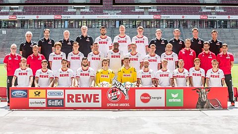 Hinten (L-R) Team doctor Dr. Peter Schferhoff, team doctor Dr. Paul Klein, kit manager Frank Almstedt, kit manager Kresimir Ban, Dominic Maroh, Kevin Vogt, Dominique Heintz, Max Vollmar, physiotherapist Klaus Maierstein, physiotherapist Thorsten Klopp, physiotherapist Julian Holtz; Mitte (L-R) Head coach Peter Stoeger, assistand coach Manfred Schmid, Yuya Osako, Pawel Olkowski, Jonas Hector, Anthony Modeste, Yannick Gerhardt, Simon Zoller, Marcel Risse, goalkeeper coach Alexander Bade, athletics coach Yann-Benjamin Kugel, assistant coach Marcel Abanoz; Vorne(L-R) Matthias Lehmann, Milos Jojic, Philipp Hosiner, Mergim Mavraj, Daniel Mesenhoeler, Thomas Kessler, Miso Brecko, Bard Finne, Dusan Svento, Kazuki Nagasawa und Slawomir Peszko