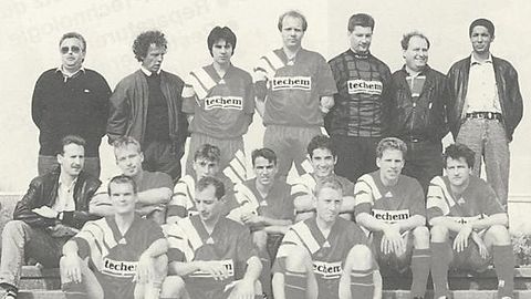 Stehend: Betreuer Hans Mathes, Ivor Kljaic, Ramazan Erguel, Reiner Abshagen, Uwe Strieck, Trainer Udo Hollick, Chakir Charaf; sitzend: Gerd Galetzka, Peter Schöninger, Dragan Loncar, Ugon Capalbo, José Munoz, Michael Reichardt, Rainer Hörpel; vorderste Reihe: Frank Schwartz, Peppino Tola, Mario Majuri; es fehlten: Christof Reusch, Rolf Fleischmann