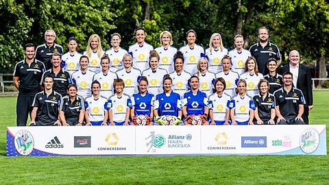 Back row (L-R) Team doctor Dr. Hans-Joachim Kerger, Valentina Limani, Jana Loeber, Saskia Matheis, Peggy Kuznik, Saskia Bartusiak, Dzsenifer Marozsan, Marith Priessen, Jessica Reinhardt, physiotherapist Uwe Schroeder; 2nd row (L-R) Assistant coach Kai Rennich, Head coach Colin Bell, Bianca Schmidt, Simone Laudehr, Lise Munk, Kim Kulig, Celia Sasic, Kathrin Hendrich, Melissa Friedrich, Stefanie Peil, Team manager Stefanie Stavrakidis, Manager Siegfried Dietrich; front row (L-R) athletics coach Alvaro Molinos, Beate Sust, Alina Ortega Jurado, Asuna Tanaka, Anke Preuss, Desiree Schumann, Anne-Kathrine Kremer, Kozue Ando, Svenja Huth, team doctor Dr. Nicole Vennemann and physiotherapist Michael Menn