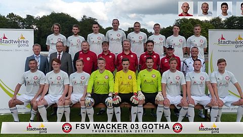 eingeklinkt oben rechts: Mario Bauer (Physiotherapeut), Tobias Meisel, Younes El Antaki, Daniel-Gheorghe Aciubotaritei

hintere Reihe: Norman Bonsack, Kevin Helm, Moritz Julius Zickler, Benjamin Pufe, Dominik Döbereiner, Michael Stein, Heiko Landefeld, Robin Weida

mittlere Reihe: Udo Weingart (Vertriebsleiter Stadtwerke Gotha GmbH), Norbert Kaschek (Geschäftsführer Stadtwerke Gotha GmbH), Christian Gehret (Vize-Präsident), Thomas Rafka (Torwart-Trainer), Hagen Becker (Trainer), Khvicha Khorava (Co-Trainer), Manfred Meisel (Mannschaftsleiter), Thomas Fiedler (Präsident)

vordere Reihe: Patryk Lukasz Rajkowski, Stefan Zielasko, David Gottwald, Dominik Werner, Jonas Weise, Hagen Apitius, Christoph Holland-Moritz, Christian Hatzky, Steffen Scheidler