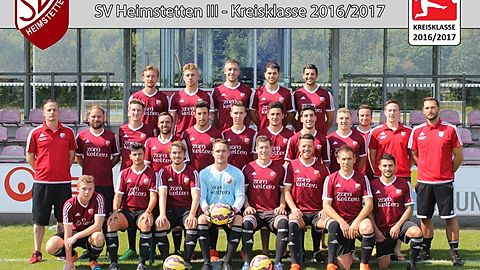 SV Heimstetten III - Kreisklasse 2016 / 2017
es fehlen im Bild: P. Rehme, M. Schauer, D. Pollok, F. Funk, F. Vidovic, D. Sondorfer