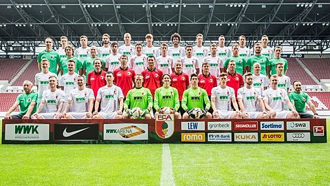 Back row (L-R) Marco Schuster, Alexander Esswein, Halil Altintop, Ragnar Klavan, Jeong-Ho Hong, Francisco Caiuby, Christoph Janker, Nikola Djurdjic, Markus Feulner, Dominik Kohr, 1st Mid row (L-R) team doctor Florian Elser, team doctor Andreas Weigel, team doctor Peter Stiller, Jan Moravek, Raphael Framberger, Paul Verhaegh, Arif Ekin, Daniel Baier, physiotherapist James Morgan, physiotherapist Marco Grimm, physiotherapist Oliver Roensch, 2nd Mid row (L-R) Maik Uhde, Ronny Philp, Videoanalyst Lars Gerling, rehab coach Thomas Barth, goalkeeping coach Zdenko Miletic, assistant coach Tobias Zellner, assistant coach Wolfgang Beller, head coach Markus Weinzierl, Tobias Werner, Bastian Kurz, Front row (L-R) Zdenek Vidrman, Tim Rieder, Sascha Moelders, Dong-Won Ji, Alexander Manninger, Marwin Hitz, Yannik Oettl, Max Reinthaler, Tim Matavz, Jan-Ingwer Callsen-Bracker, Salvatore Belardo