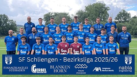 SF SCHLIENGEN 1919 e.V. - Saison 25/26
v.l. oben: 2.Vorsitzender Dr. Kai Fischer, Arian Schütz, Jens Lehmann, Tom Wihler, David Huber, Cedric Merstetter, Betreuer Andre Weber, Vorsitzender Gerrit Höveler 
v.l. mitte: Co-Trainer Sebastian Meier, Trainer David Held, Betreuer Toni Wihler, Vinzent Müller, Lukas Amann, Firat Uygur, Leon Metzger, Jonas Friese, Tim Merstetter, Florian Kessler, Betreuer Luis Hollenwäger
v.l. unten: Nils Dosenbach, Mats Keller, Manuel Krause, Marius Stein, Sandro Stadler, Emanuel Ukaj, Vincent Sielaff, Jonas Lösle
fehlend: Denis Hollenwäger, Hannes Selz, Peer Groß, Tobias Jones, Dennis Buschmann, Jonas Domagala